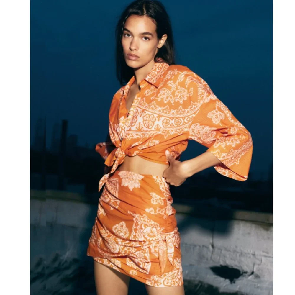 Zara 2 Piece Printed Mini Skirt And Top Co-ord Set Burnt Orange NWT